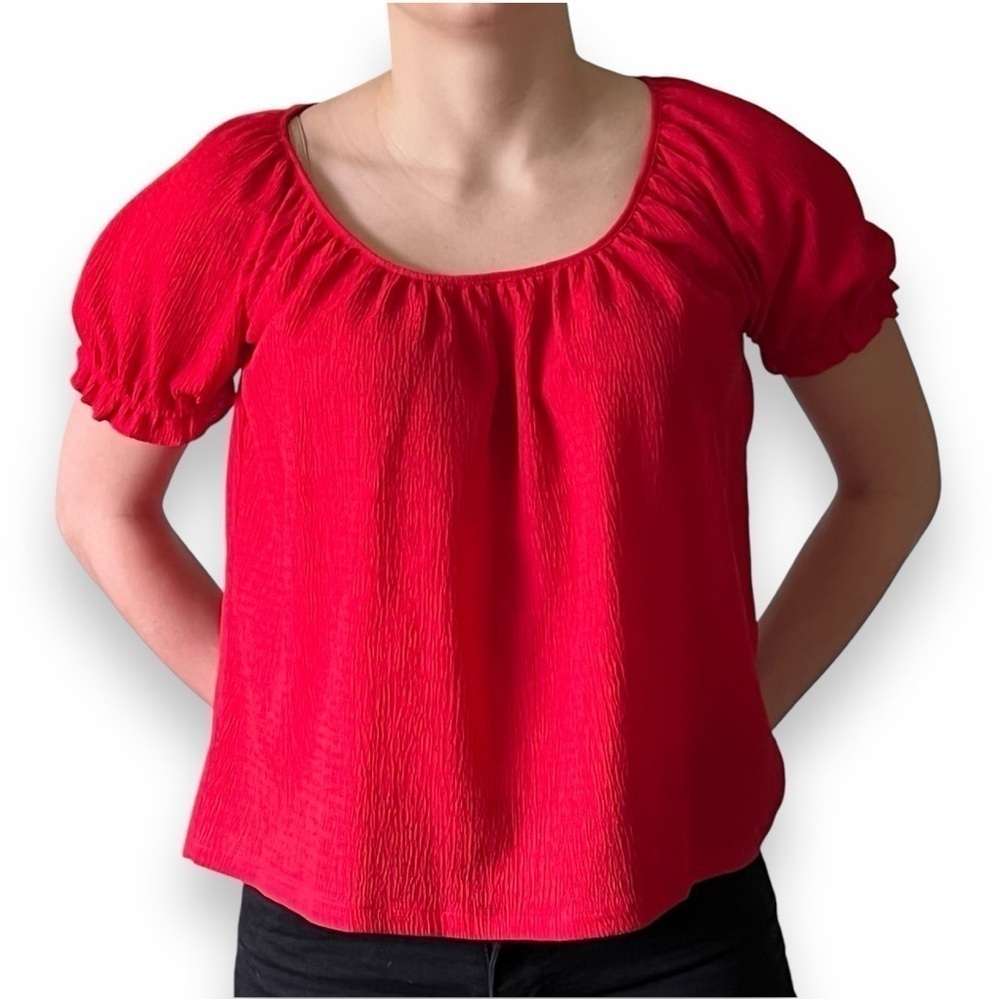 Madewell Texture & Thread Red Smocked Puff Sleeve Blouse